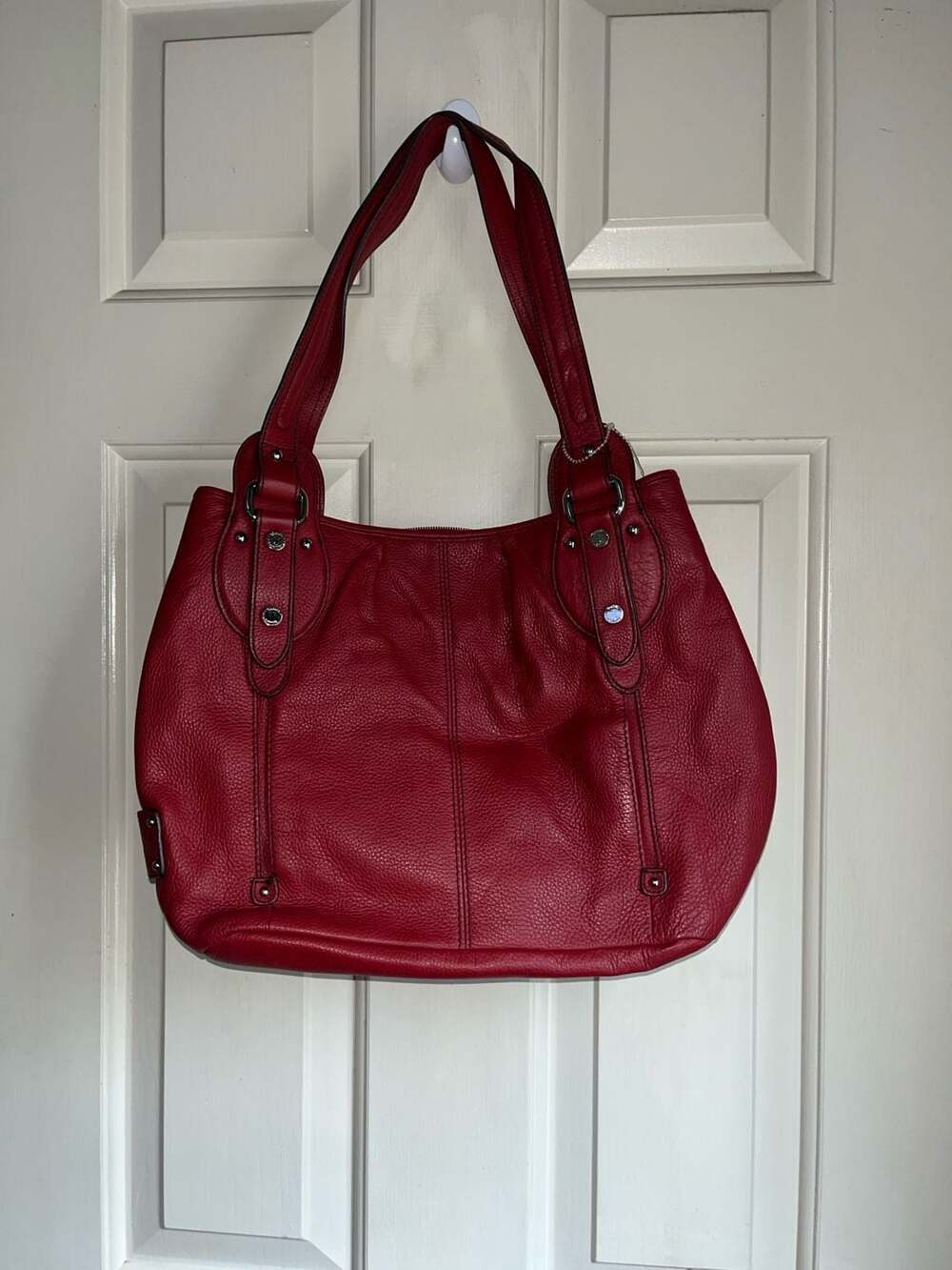 Tignanello Red Pebbled Leather Shoulder Bag Tote with Silver Hardware 15” by 22”